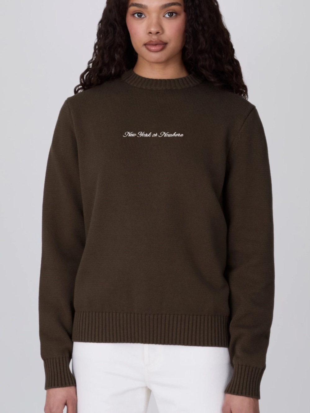 New York or Nowhere Brown Crewneck Sweater with Embroidered Script
